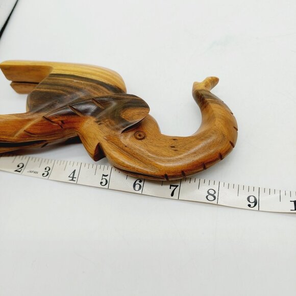 Hand Carved Wooden Elephant Sculpture Trunk Up MCM 2 Tone Wood 8" - Picture 4 of 7